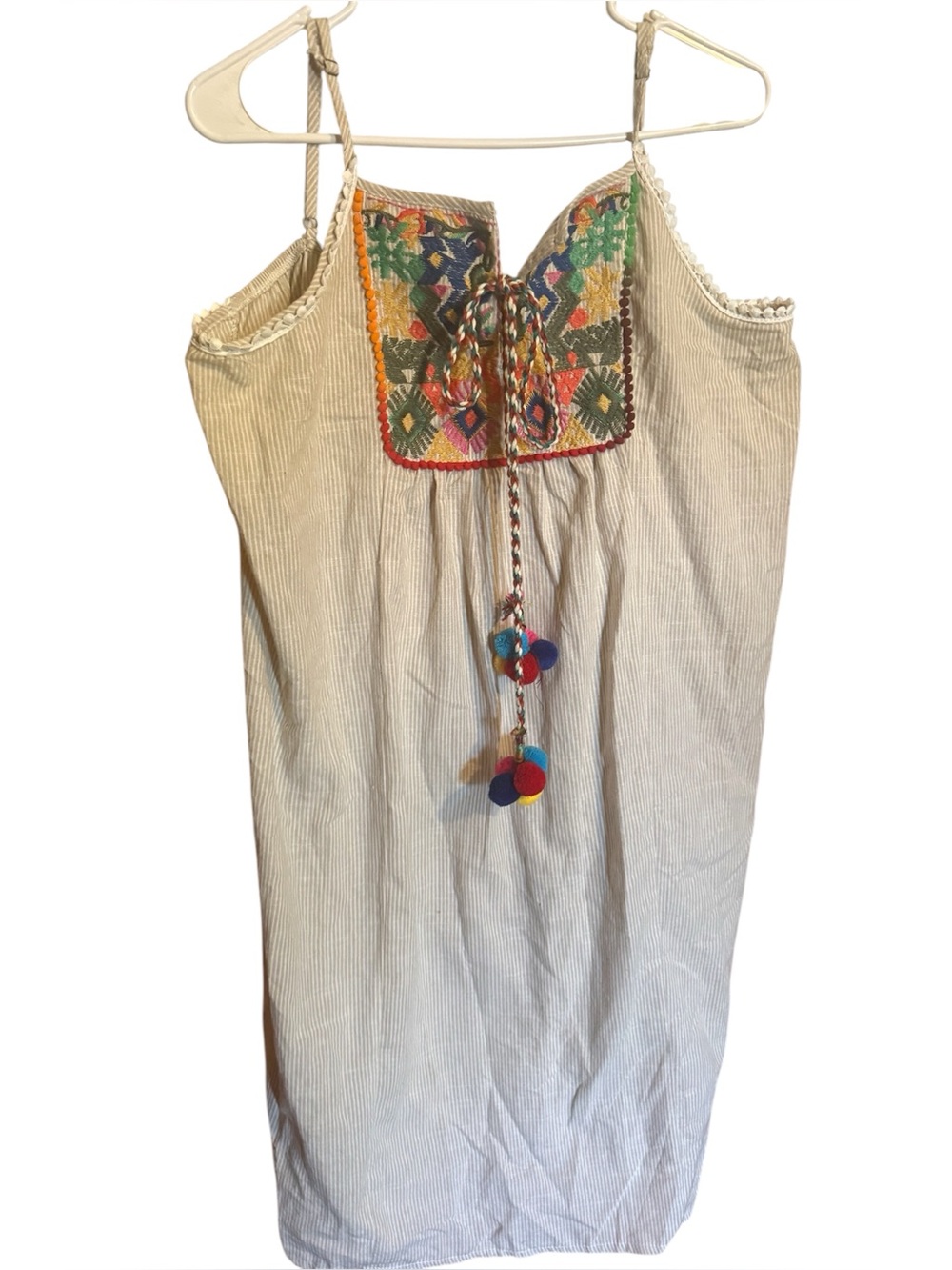 Velzera embroidered cream tan vertical stripe summer boho pompoms tassel Dress